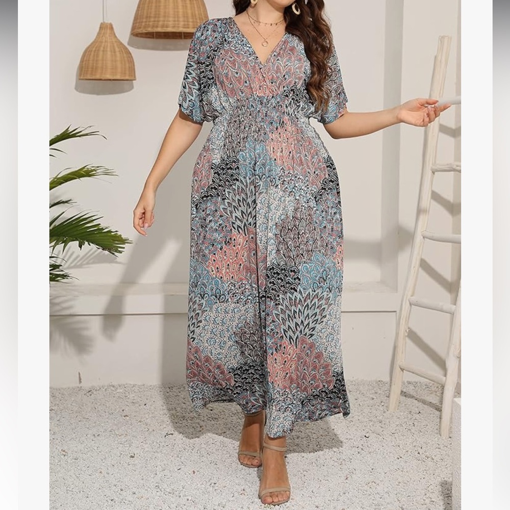 Boho V-Neck Maxi Dress in Pink & Blue - Picture 4 of 6